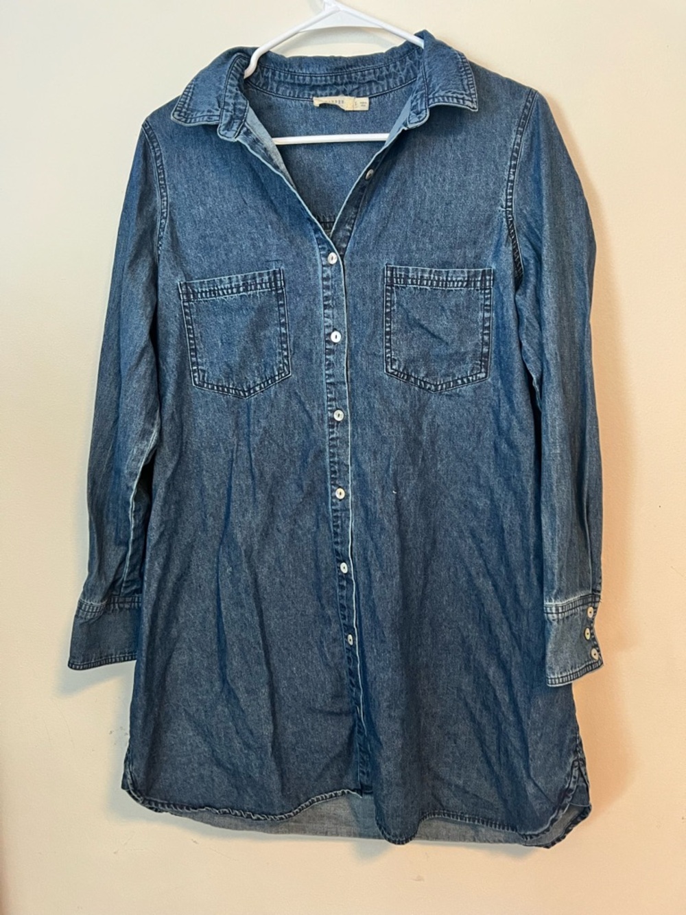 Cotton Denim Long-Sleeve Shirt Dress - Blue
